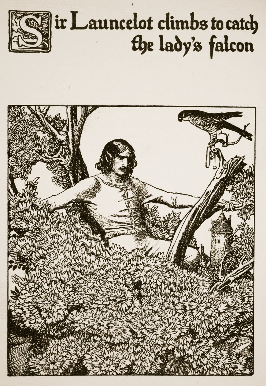 Sir Launcelot felmászik, hogy elkapja a hölgy sólymát, illusztráció a „A kerekasztal bajnokainak történetéből” alkotó: Howard Pyle