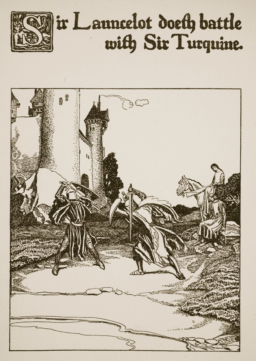 Sir Launcelot csatát vív Sir Turquine-nal, illusztráció a "A kerekasztal bajnokainak története" című filmből. alkotó: Howard Pyle