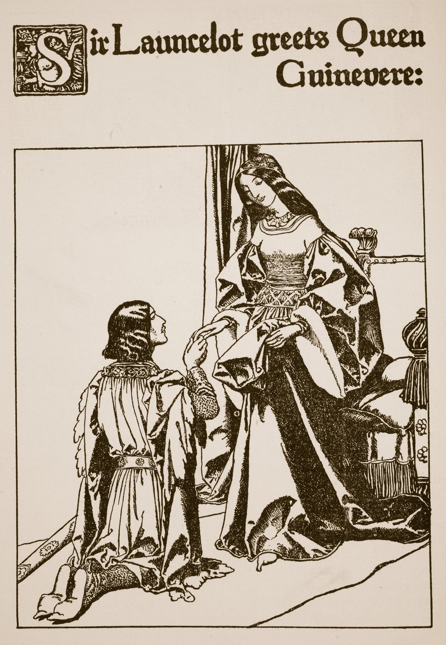 Sir Launcelot köszönti Guinevere királynőt, illusztráció a Kerekasztal bajnokainak történetéből alkotó: Howard Pyle