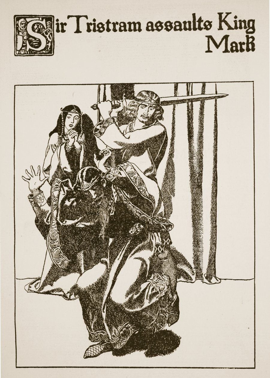 Sir Tristram megtámadja Mark királyt, illusztráció a Kerekasztal bajnokainak történetéből alkotó: Howard Pyle