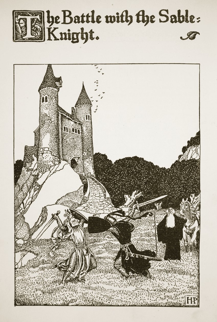 A csata a sable lovaggal, illusztráció az „Artúr király és lovagjai története” című könyvből, 1903 alkotó: Howard Pyle