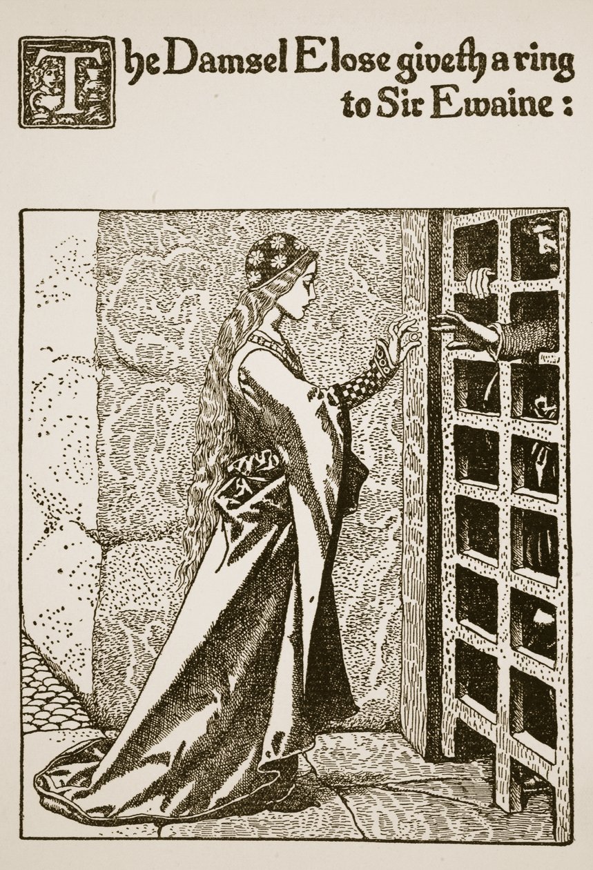 A Damsel Elose gyűrűt ad Sir Ewaine-nek, illusztrációja a "Sir Launcelot és társai története" (1907) című könyvéből. alkotó: Howard Pyle
