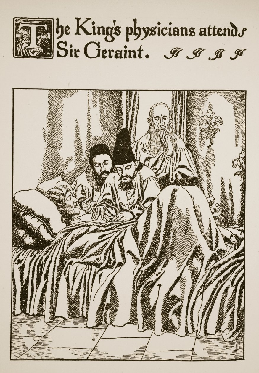 A király orvosai Sir Geraintot kísérik, illusztráció "A Grál története és Artúr elmúlása" című könyvből, 1910 körül. alkotó: Howard Pyle