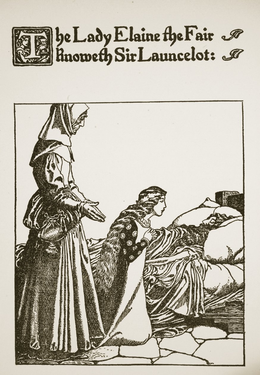 The Lady Elaine the Fair knowseth Sir Launcelot, illusztráció a "The Story of Sir Launcelot and his Companions" című könyvből, 1907. alkotó: Howard Pyle