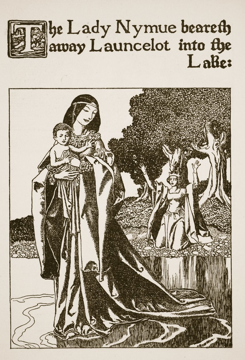 A Lady Nymue beviszi Launcelot a tóba, illusztráció a „A kerekasztal bajnokainak története” című filmből. alkotó: Howard Pyle
