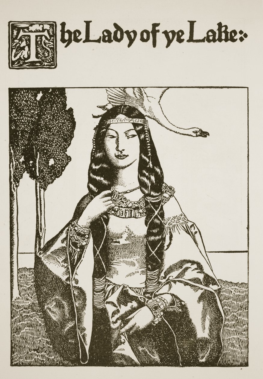 The Lady of ye Lake, illusztráció az „Artúr király és lovagjai története” című könyvből, 1903 alkotó: Howard Pyle
