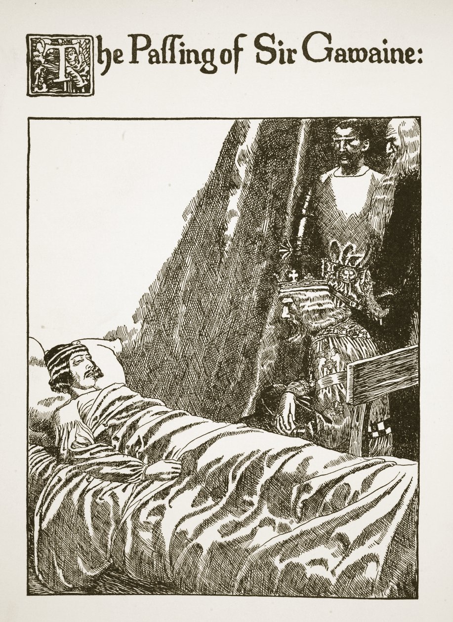 Sir Gawaine elmúlása, illusztráció a Grál története és Arthur elmúlása című könyvből, 1910 körül alkotó: Howard Pyle
