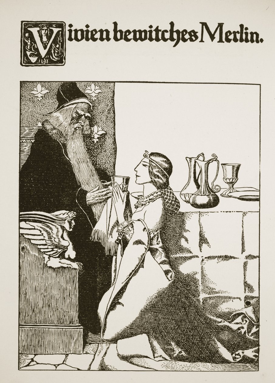 Vivien megbabonázza Merlint, illusztráció az Arthur király és lovagjai történetéből, 1903 alkotó: Howard Pyle