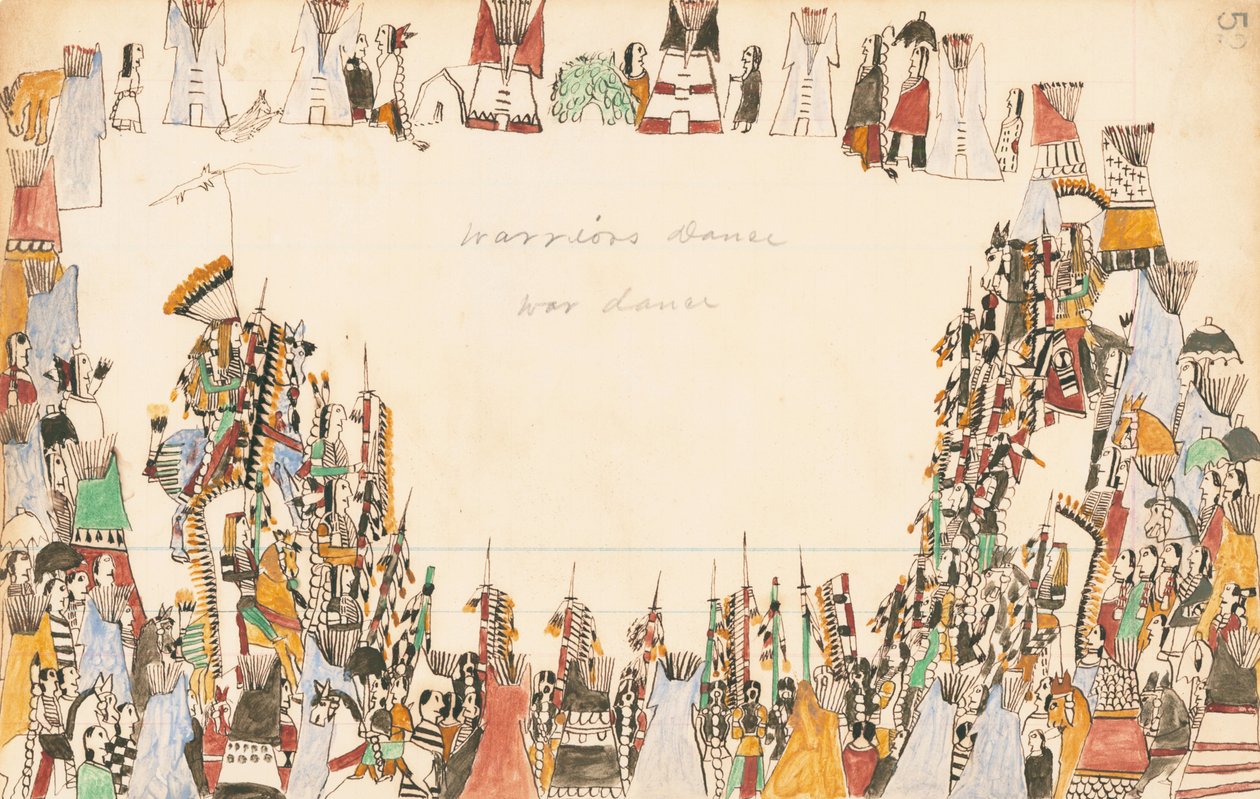 Warriors Dance War Dance, 1874-75 (toll, tinta és WC a főkönyvi papíron) alkotó: Howling Wolf