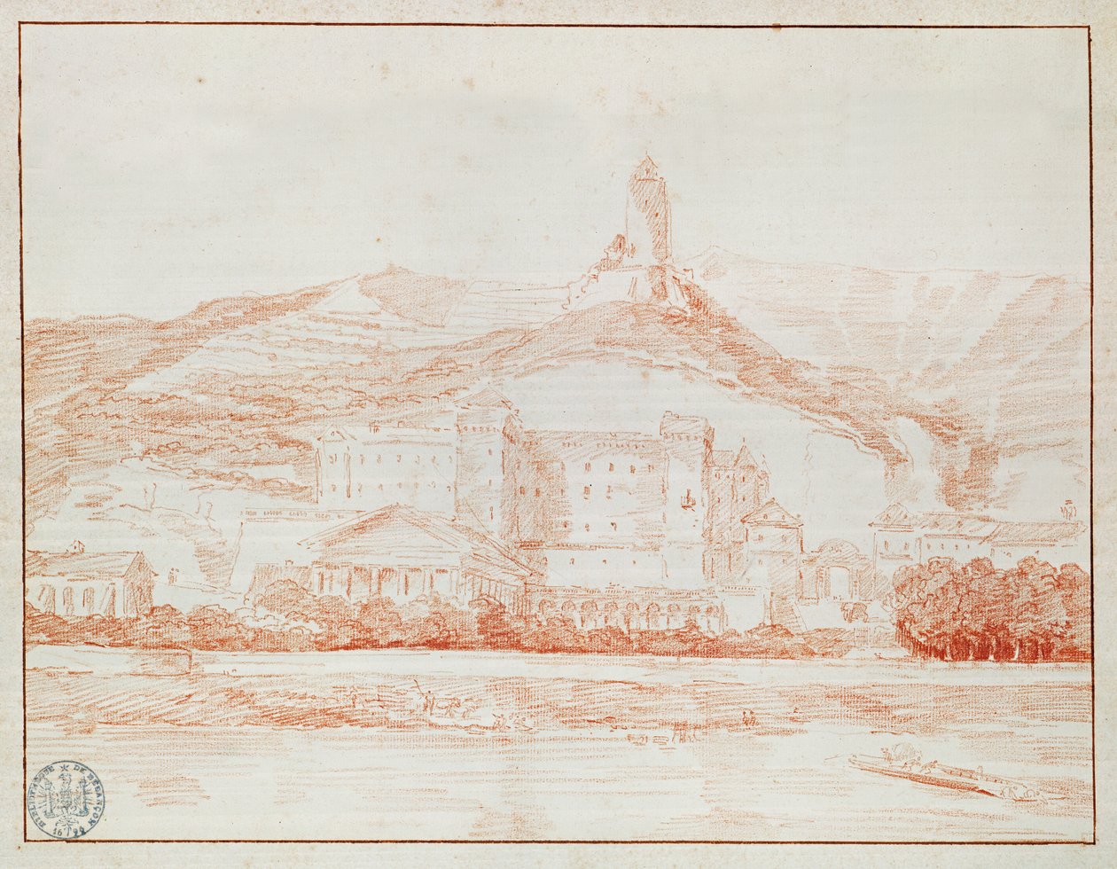 Château de La Roche-Guyon (piros kréta papíron) alkotó: Hubert Robert