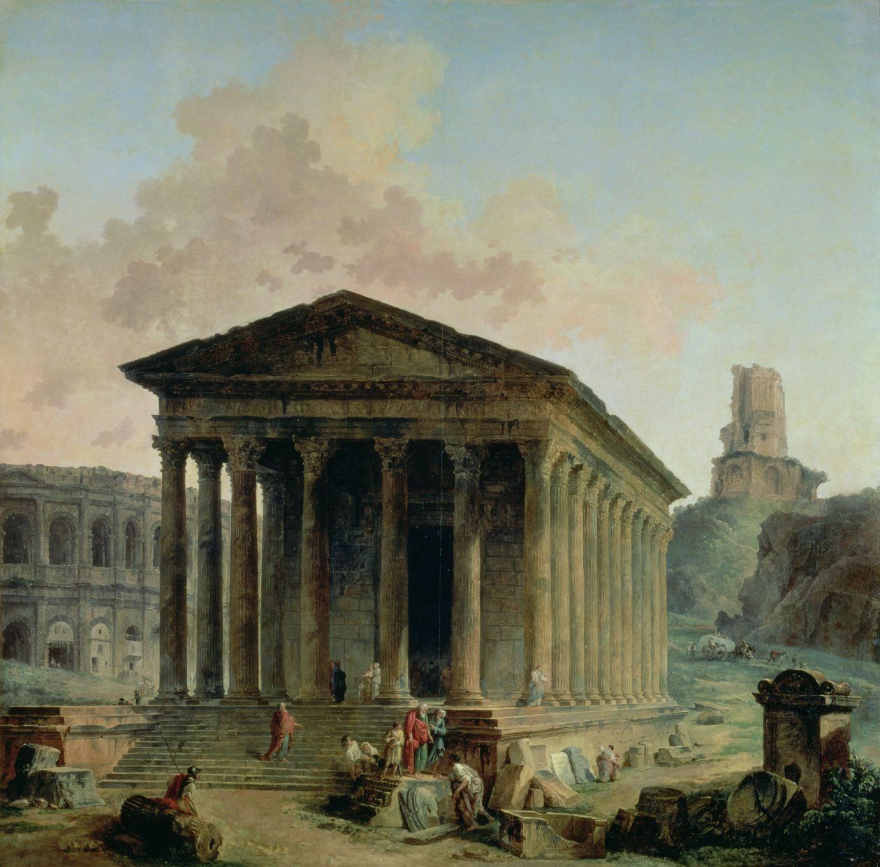 A Maison Carree az amfiteátrummal és a Tour Magne-val Nimes-ben, 1786-87 alkotó: Hubert Robert