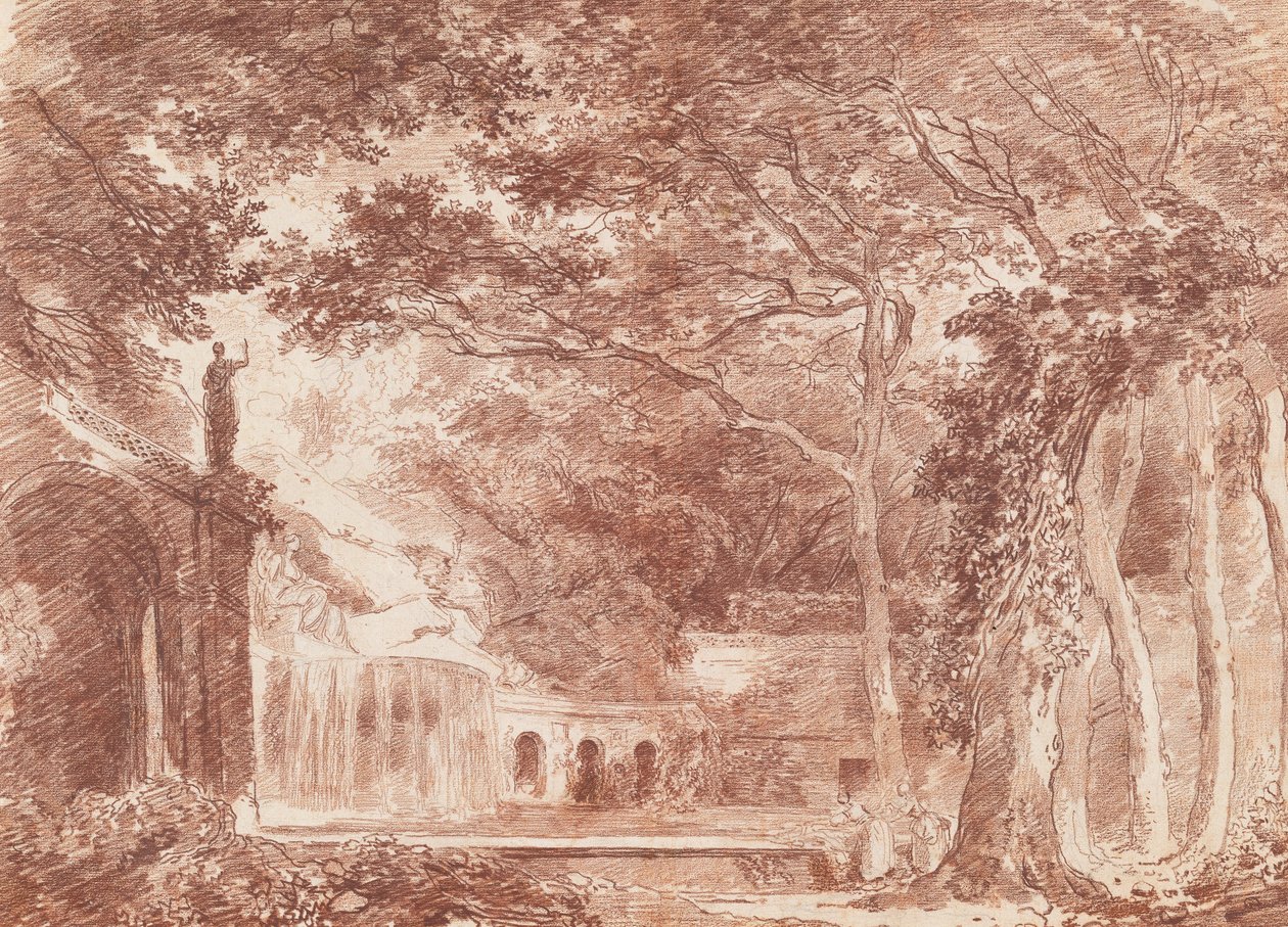 Az ovális szökőkút a Villa dEste kertjében, Tivoliban alkotó: Hubert Robert