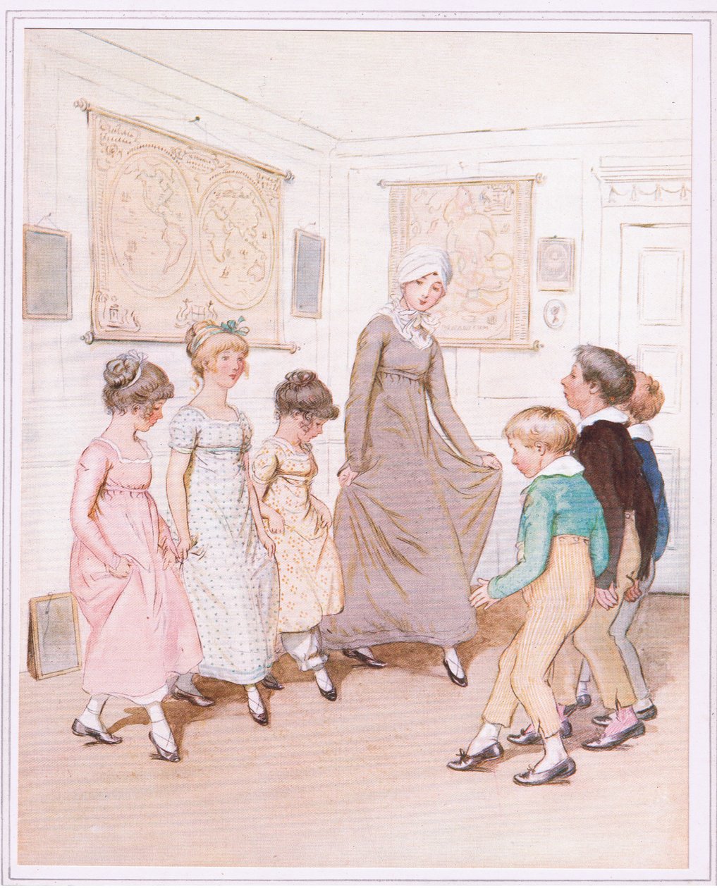 Miss Phoebe fél tucat diáknak tart táncleckét, és minden tőle telhetőt megtesz. alkotó: Hugh Thomson