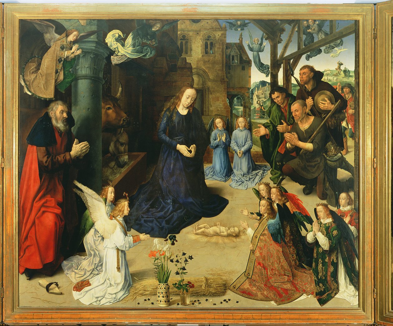 Angyalok által imádott Krisztus-gyermek, a Portinari oltárkép központi táblája, 1479 körül alkotó: Hugo van der Goes