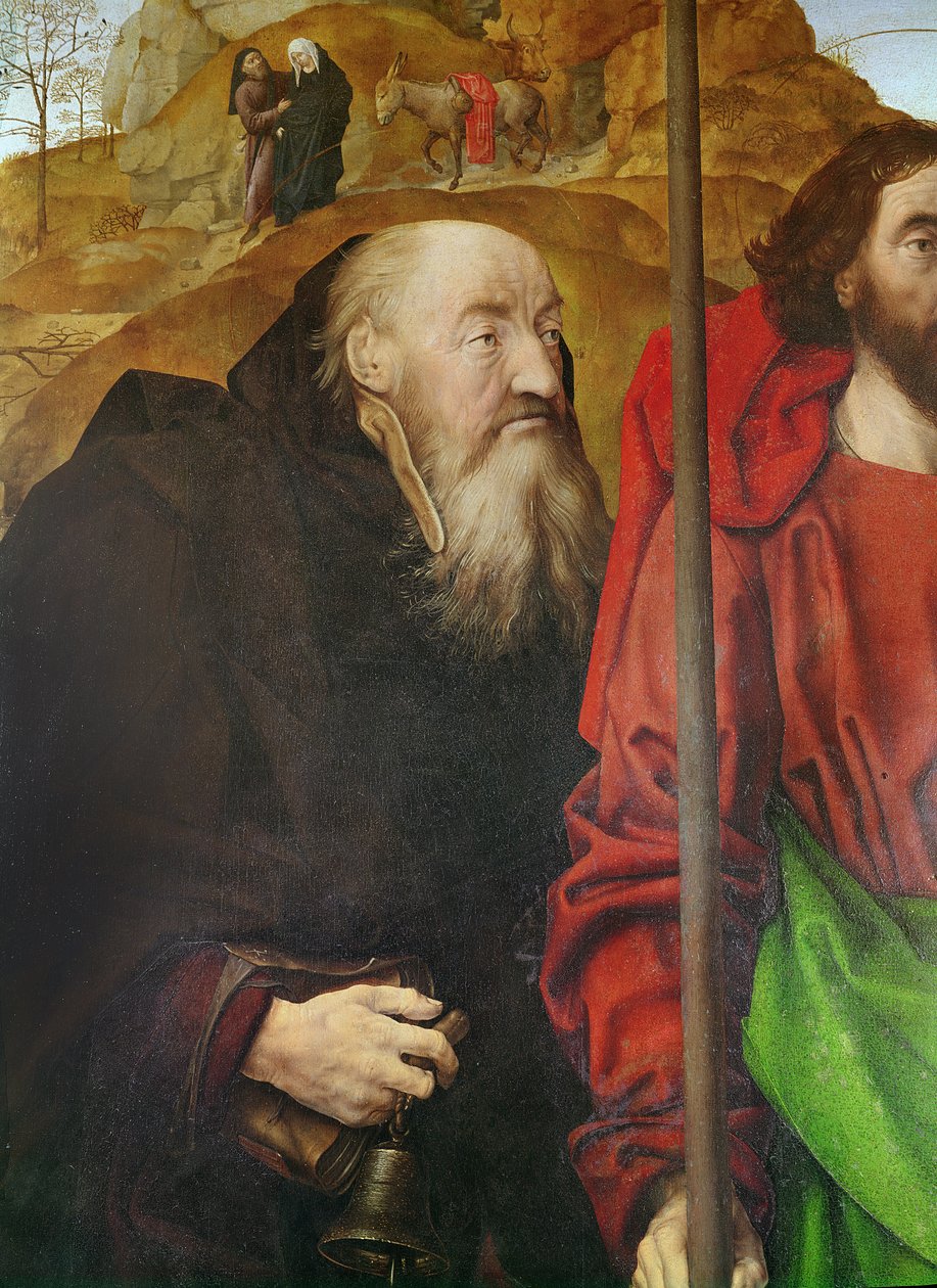 Portinari oltárkép, bal oldali panelrészlet Szent Antal fejéről, 1479 körül, olaj, tábla alkotó: Hugo van der Goes
