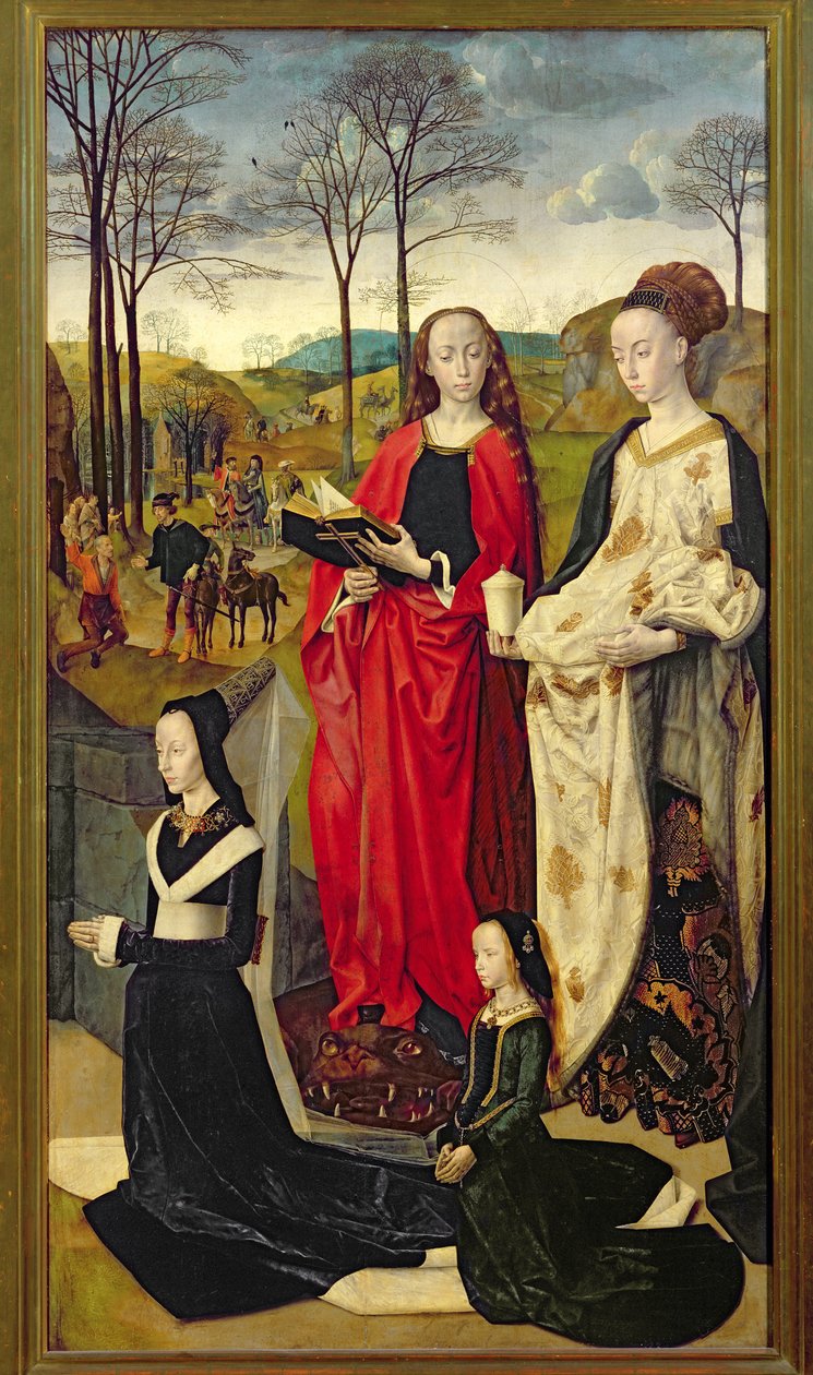 A Portinari oltárkép, Szent Mária Magdolna és Szent Margit Maria Baroncellivel és Margherita Portinari lányával, Jobb szárny, 1479 körül alkotó: Hugo van der Goes