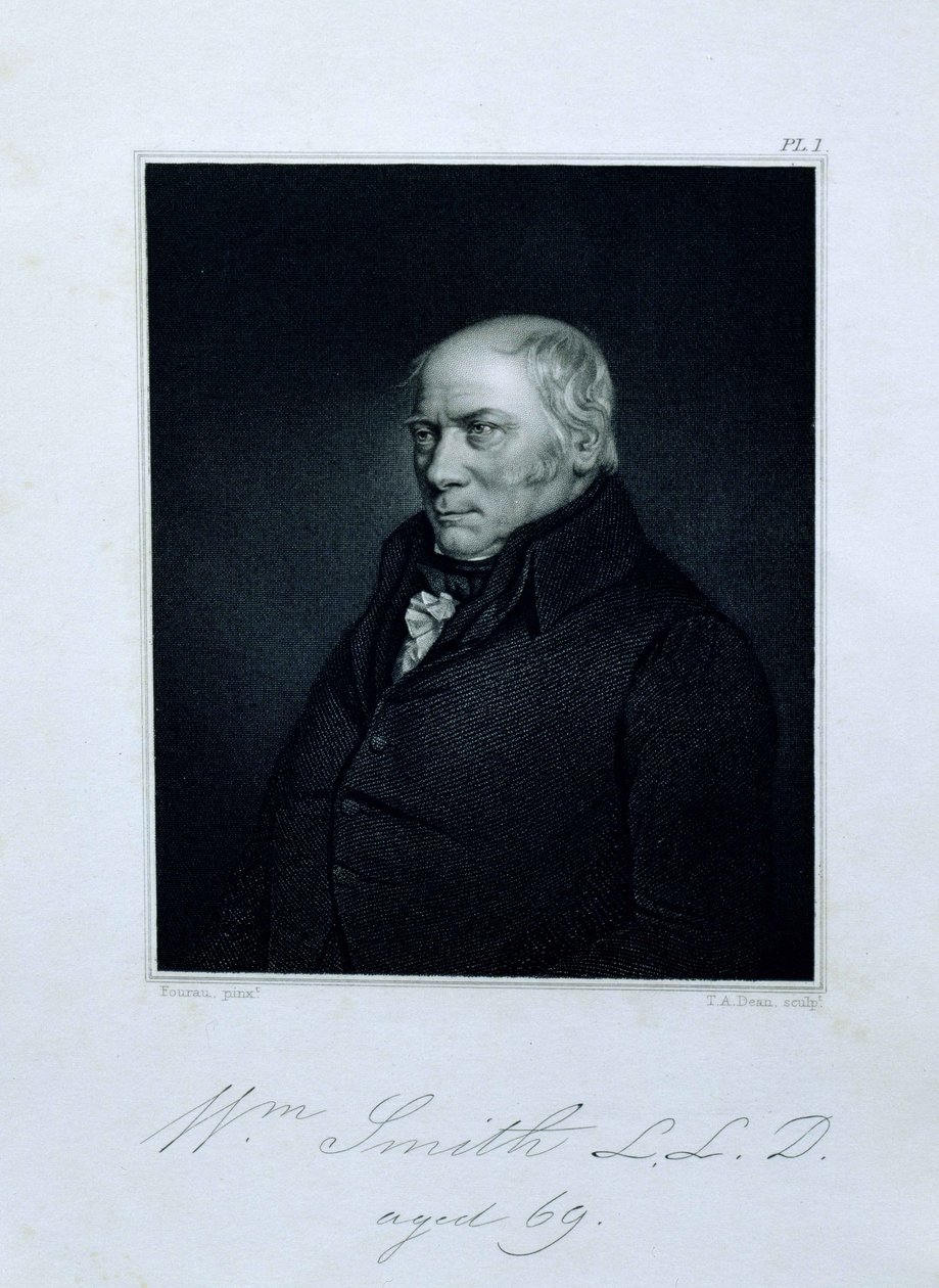 William Smith (1769-1839) 69 éves portréja, unokaöccse és tanítványa, John Phillips előlapja William Smith emlékirataiból, metszett T.A. Dean (fl.1818-1850) kocsma. szerző: John Murray, 1844 (engrav alkotó: Hugues Fourac