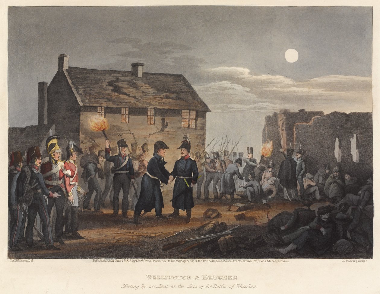Wellington és Blucher véletlen találkozása a waterlooi csata végén, M. Dubourg metszete, 1819 (színes aquatinta) alkotó: I. M. Clark