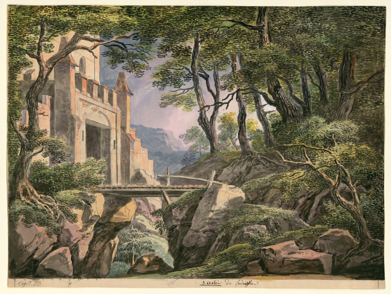 Vázlat az első felvonás, Cherubini Lodoïska című operájának dekorációjához, amelyet először a párizsi Théâtre Feydeau-ban mutattak be 1791. július 18-án. alkotó: Ignazio Degotti