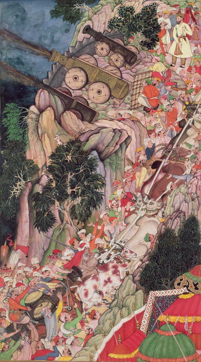 Az ostromfegyvereket felfelé vonszoló bikák a Ranthambhor-erőd elleni támadás során, az Akbarnama, Moghal, 1590-95 körül (átlátszatlan wc és arany papíron) alkotó: Indian School