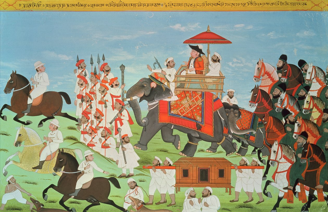 James Tod ezredes, aki elefánttal utazik át Rajasthanon lovasságával és Sepoyjaival (guache) (lásd még: 82777) alkotó: Indian School