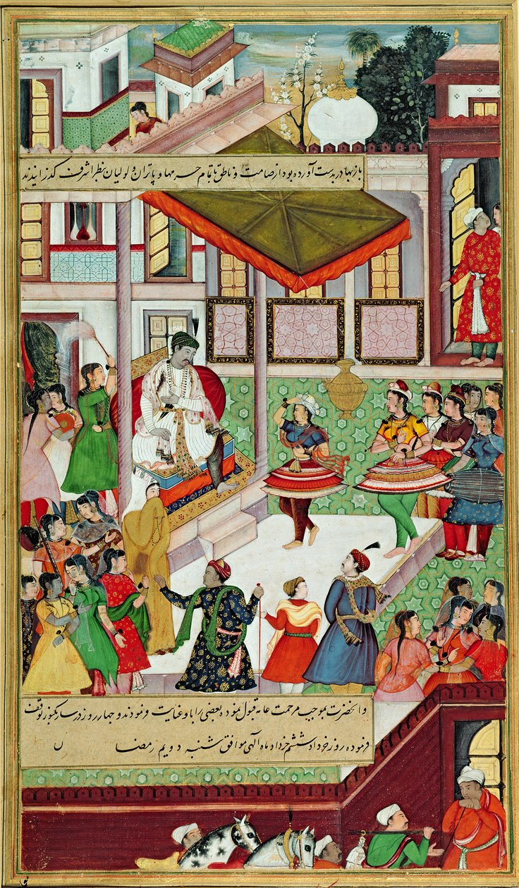 Baz Bahadur malwai palotájából elvitt táncos lányok, akik kathak táncot adnak elő Akbar előtt, az „Akbarnamából”, Mogul, 1561 alkotó: Indian School