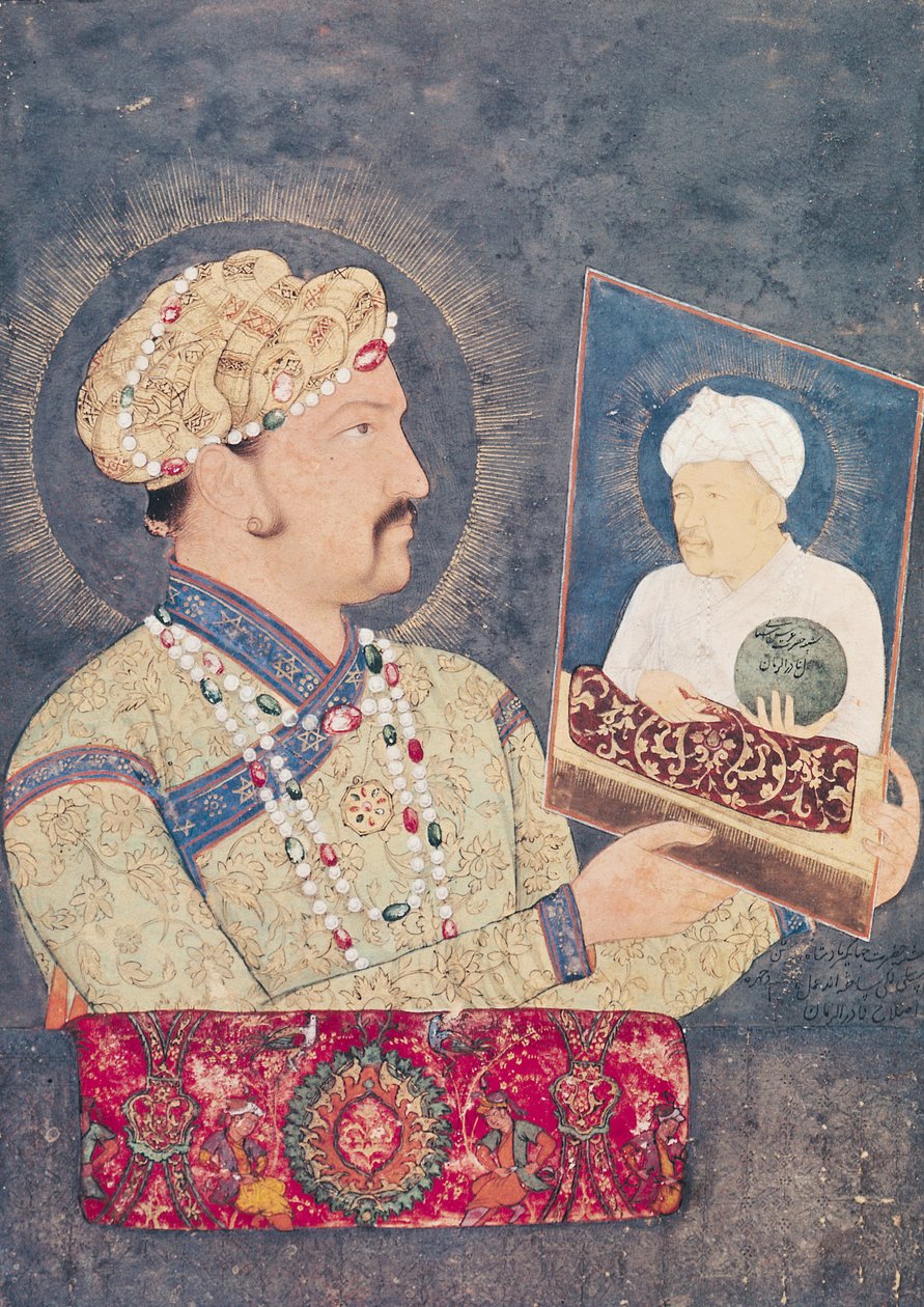 Dzsahangir császár (1569-1627) Akbar császár (1542-1605) portréjával a kezében. alkotó: Indian School