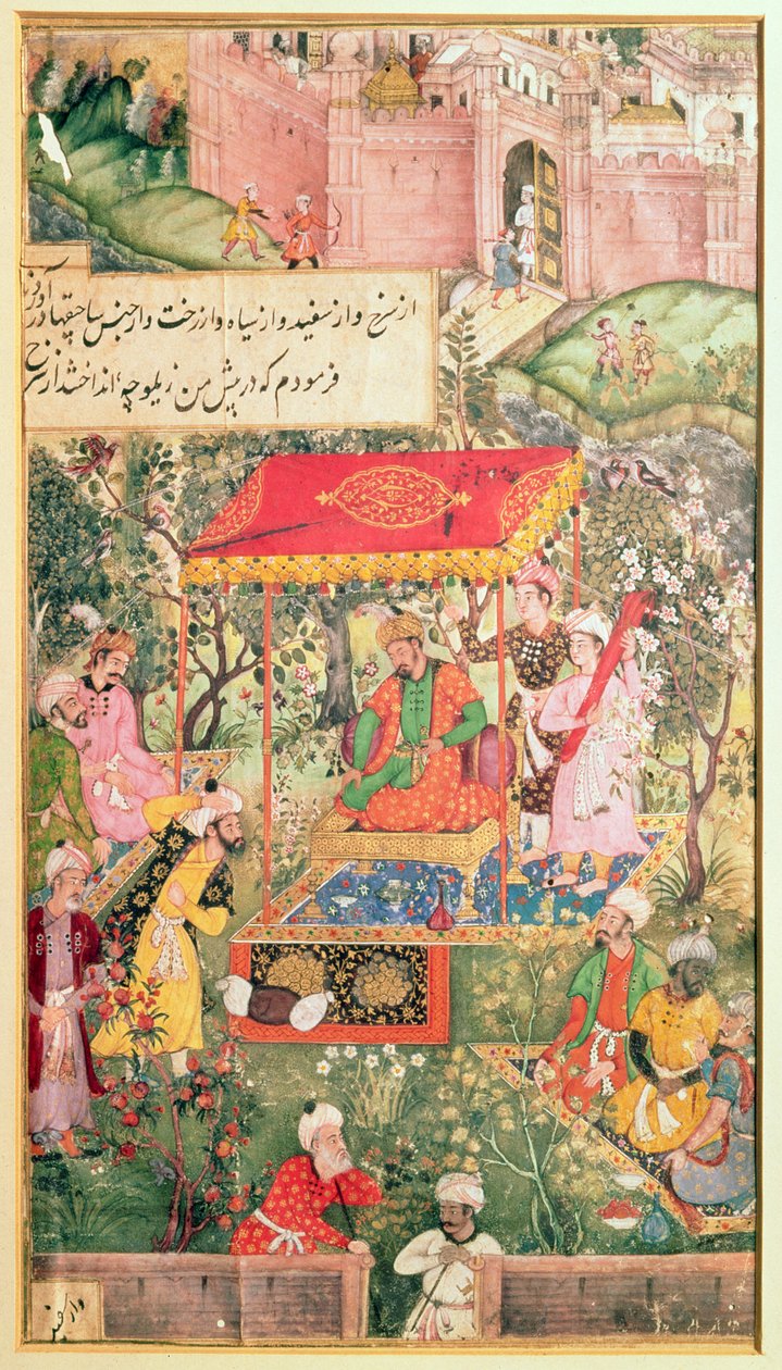Babur mogul császár 1528. december 18-án az agrai kertben fogadja Üzbég és Rauput követeket, a császár egy lombkorona alatti trónon ül; Agra erődítményei a háttérben, alkotó: Indian School