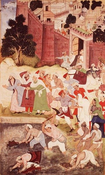 A Kukur Talaoa megtisztítása Nagor közelében, az Akbarnamából, Mogul, 1590-95 (átlátszatlan wc és arany papíron) alkotó: Indian School