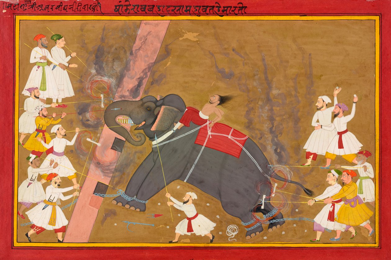 Egy elefánt ámokfutásban van, 1700 körül alkotó: Indian School