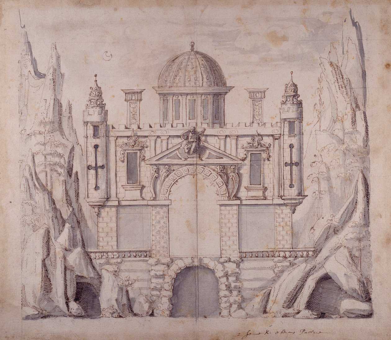 Oberon palota, 1611 körül (toll és tinta papíron) alkotó: Inigo Jones