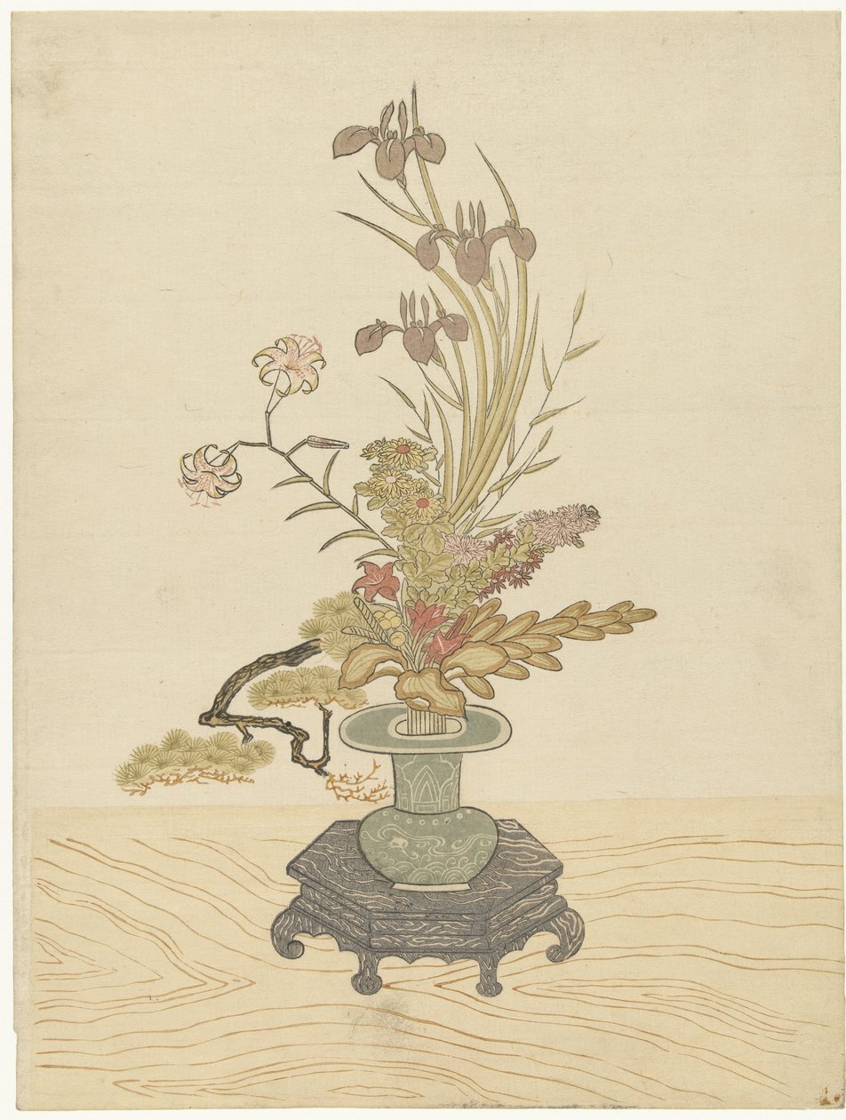 Ikebana virágkötészet zöld vázában alkotó: Ippitsusai Bunchô (manner of)