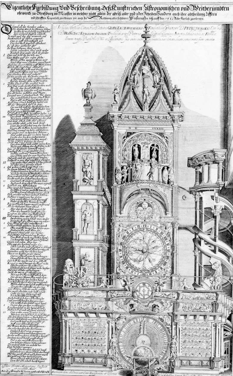 A strasbourgi katedrális csillagászati órája, 1621 (metszet és betűnyomás) alkotó: Franz Isaac Brun