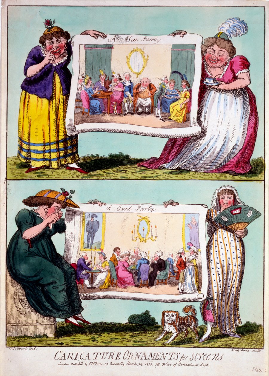 Karikatúra paravándíszek, 1800 (kézzel színezett metszet) alkotó: Isaac Cruikshank