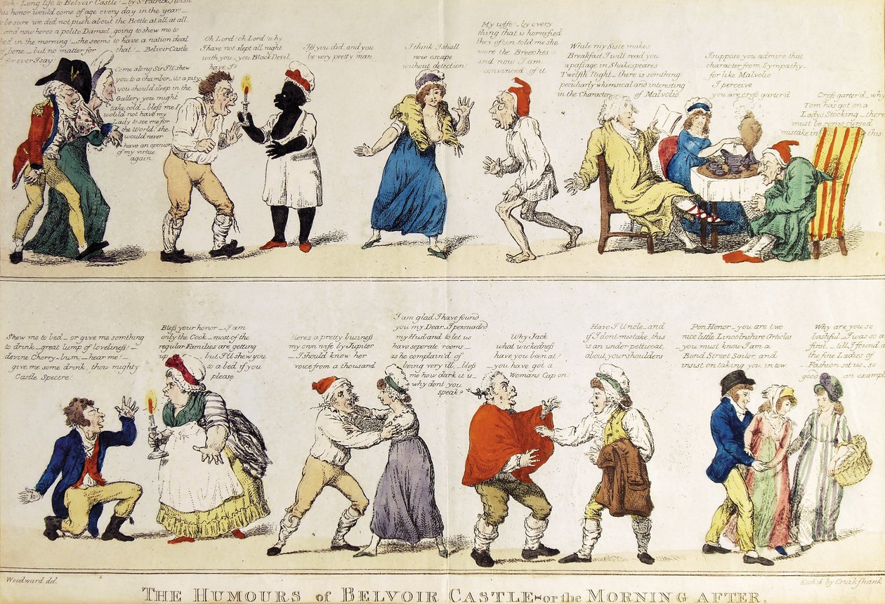 Karikatúra, amely Rutland 5. hercegének kicsapongó nagykorú buliját ábrázolja, 1799 alkotó: Isaac Cruikshank