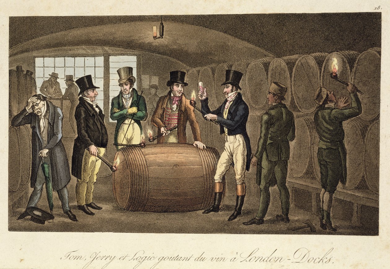 Tom, Jerry és Logic borkóstoló a London Docksban, Pierce Egan „Life in London” című művéből, 1821-22 (színes akvatinta) alkotó: Isaac, Robert and George Cruikshank