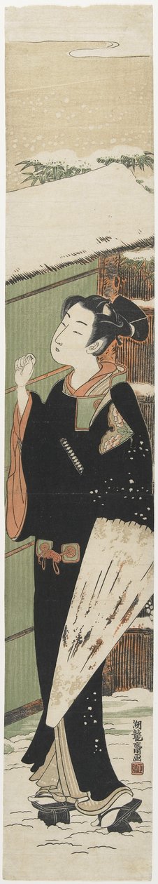 Fiatal férfi a kapuban, mint a Kabuki Play női változata a cserepes fáról, 1770-1775 alkotó: Isoda Koryusai