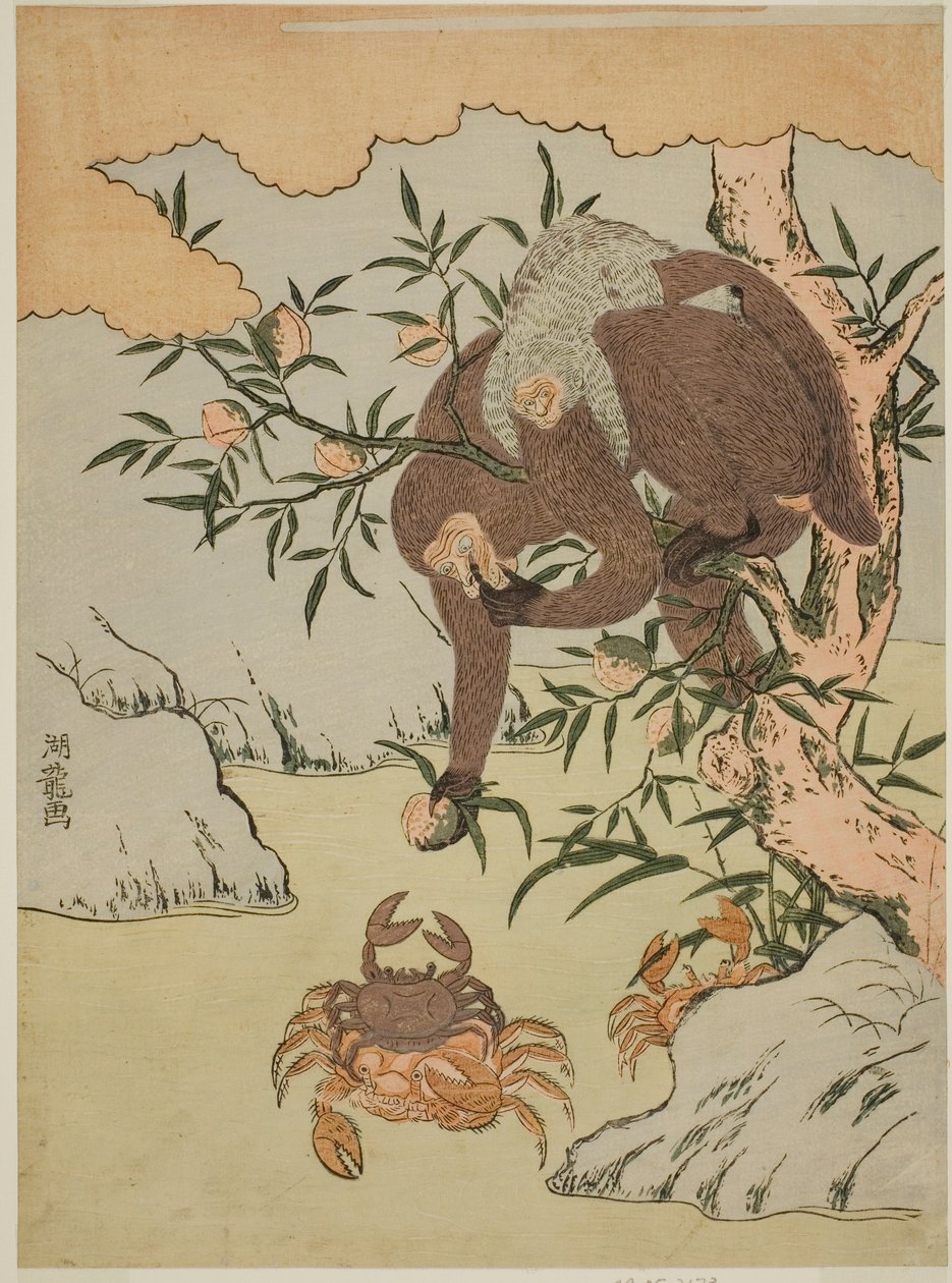 Monkey playing with crabs alkotó: Isoda Koryusai