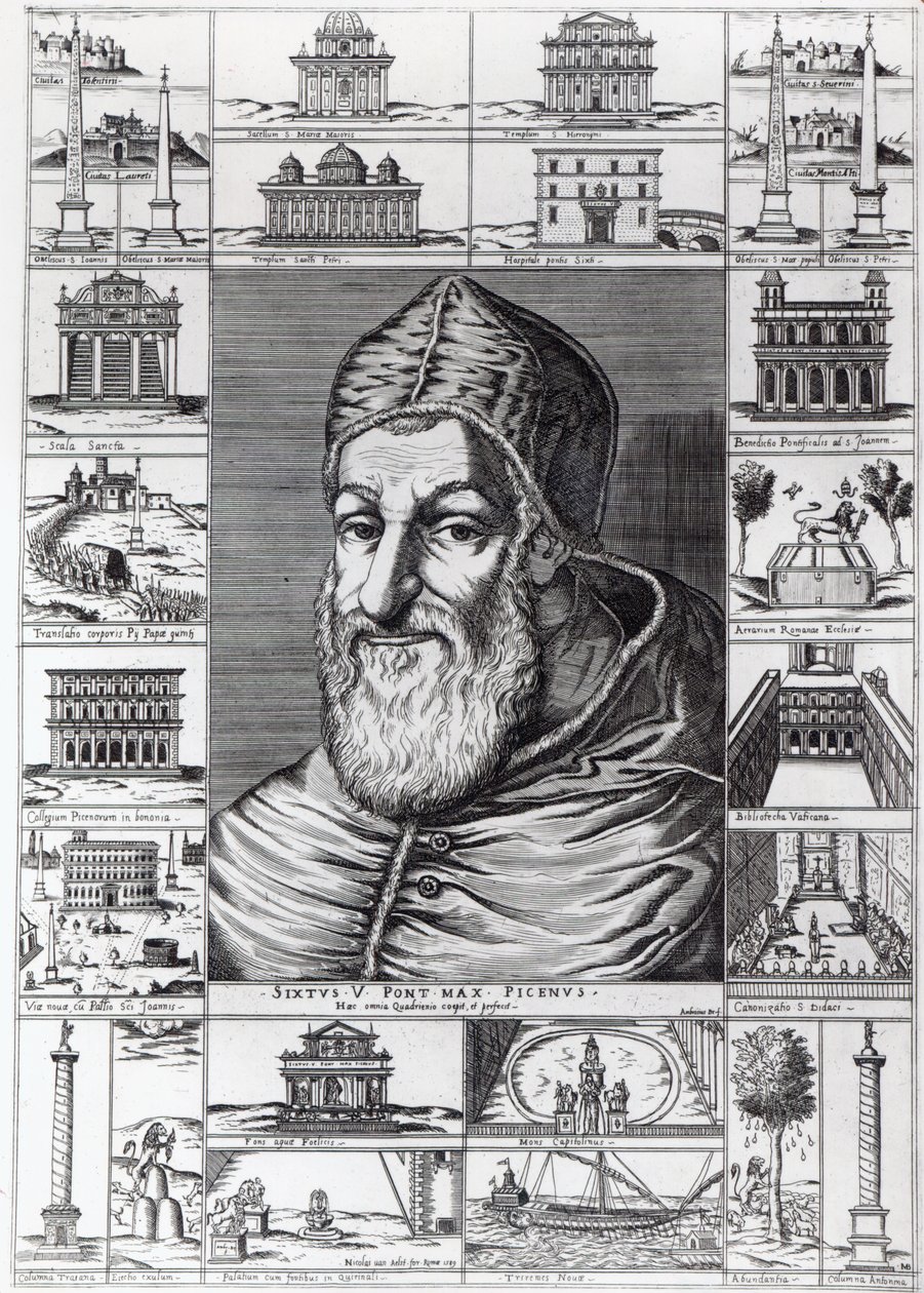 V. Sixtus pápa, körülvéve a pápasága alatt épített vagy restaurált templomokkal, épületekkel és emlékművekkel, Ambrosius metszete, 1589 alkotó: Italian School
