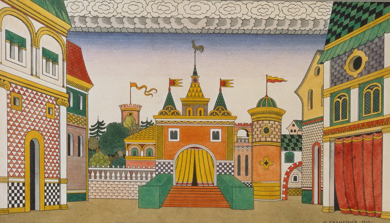 Vázlat Nyikolaj Rimszkij-Korszakov (1844-1908) Az aranykakas című operájához, 1909 (wc és gouache, papír) alkotó: Ivan Yakovlevich Bilibin