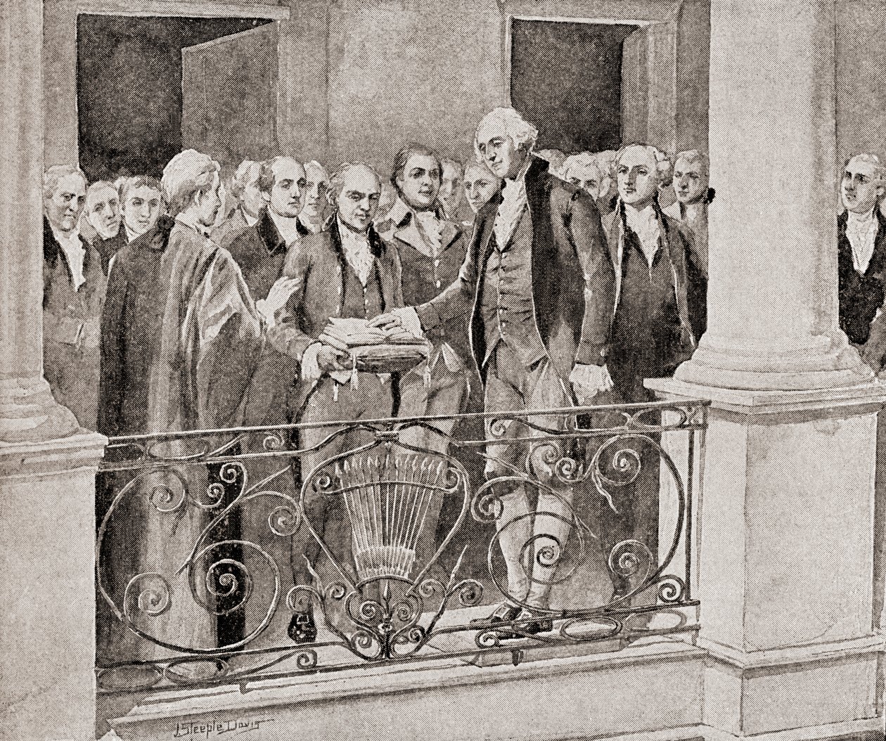 George Washington első beiktatása, 1789. április 30-án, az 1905-ben megjelent Hazánk történelméből alkotó: J. Steeple Davis