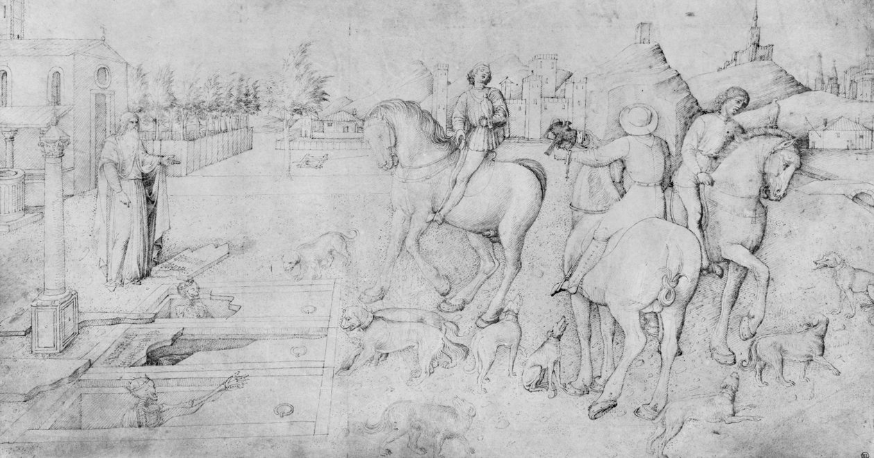 A három halott és a három élő ember, Jacopo Bellini rajzalbumából (toll, barna tinta és fémhegy a héjon) alkotó: Jacopo Bellini