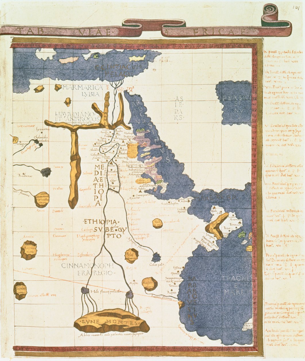 Egyiptomot ábrázoló térkép Etiópiáig, Ptolemaiosz kéziratból, 1470 körül, illusztráció a „Memoires de la Societe Royale de Geographie d