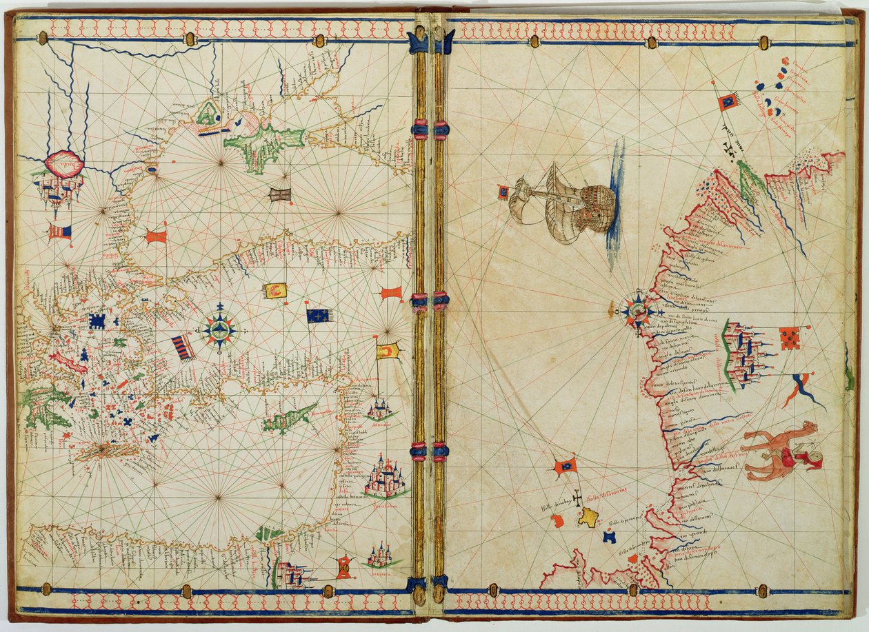 Ms Ital 550.0.3.15 fol.4v-5r A Földközi-tenger keleti partvidékének és szigeteinek térképe, a „Carte Geografiche”-ből (vellum) alkotó: Jacopo Russo
