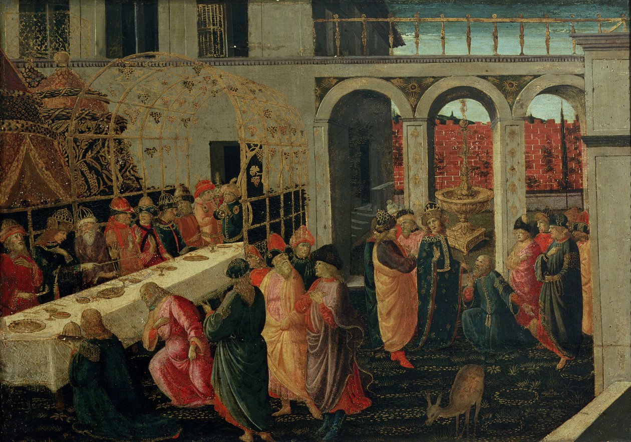Ahasvérus lakomája (tempera, tábla) alkotó: Jacopo del Sellaio