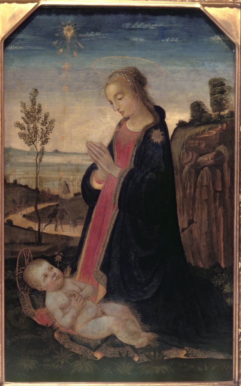 Madonna és a gyermek egy tájban alkotó: Jacopo del Sellaio