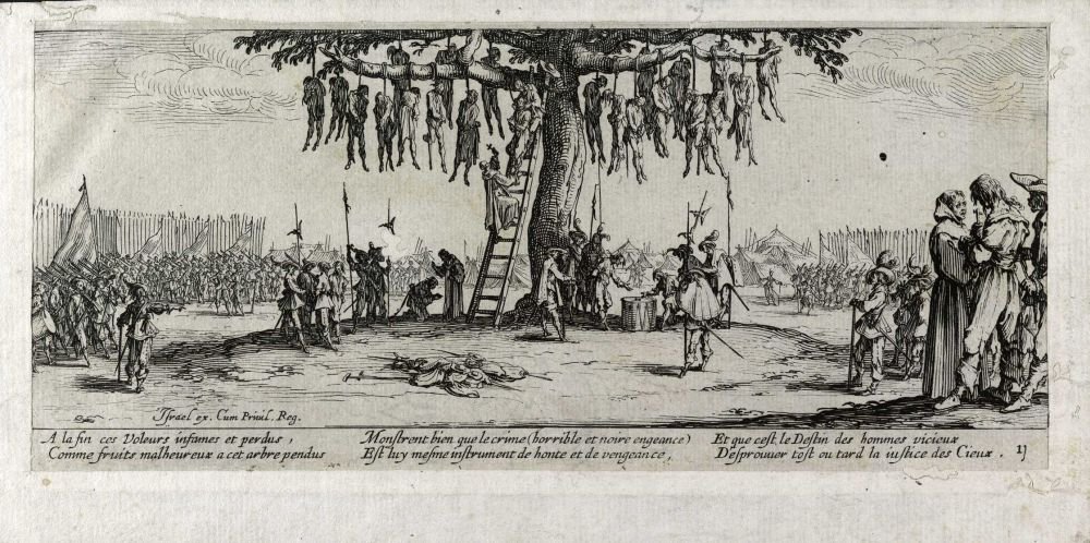 Az akasztófa kínzása Les miseres et les mal-heures de la guerre, pl. 11 alkotó: Jacques Callot