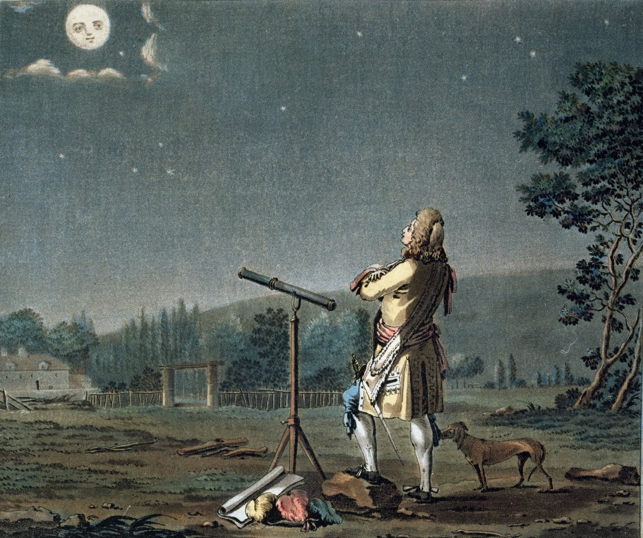 Bernard le Bovier de Fontenelle (1657-1757) a világok sokszínűségén elmélkedik, vésette Jean Baptiste Morret (fl.1790-1820) 1791 (lásd még: 169293) alkotó: Jacques Francois Joseph Swebach