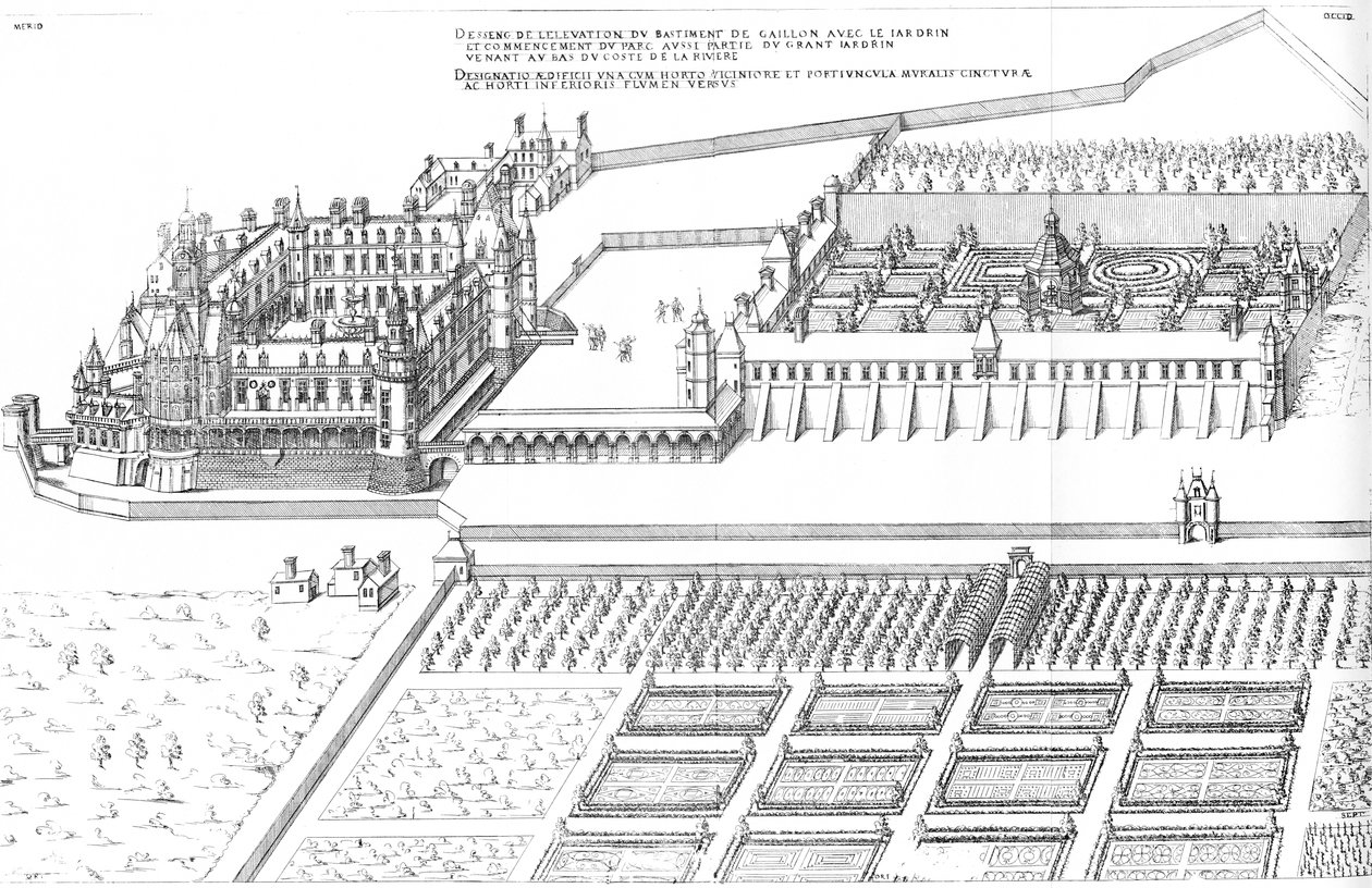 Metszet Jacques I Androuet du Cerceau legkiválóbb Bastiments de France első kötetéből. Általános oldalnézet madártávlatból a Château de Gaillon-ra alkotó: Jacques I Androuet du Cerceau