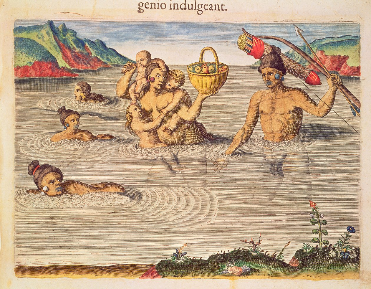 Egy folyón átkelő család, a „Brevis Narratio...”-ból, Theodore de Bry (1528-98) metszete, Frankfurtban, 1591 alkotó: Jacques Le Moyne